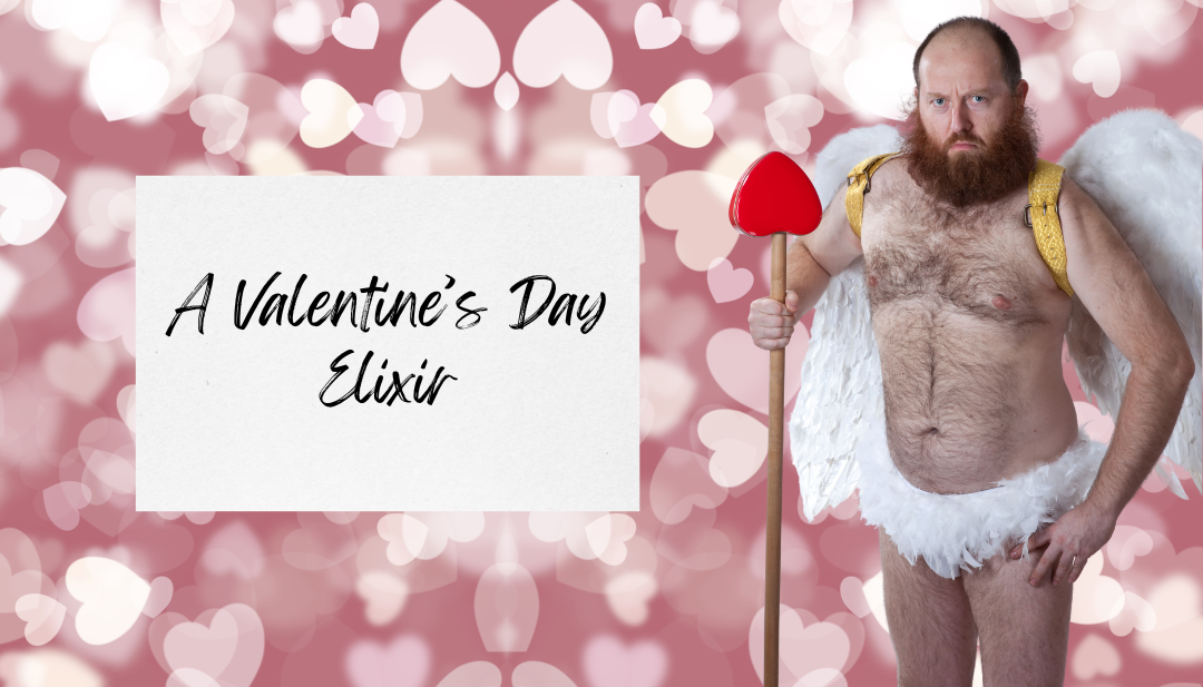 Cupid figure holding a red heart on a stick, representing Valentine’s Day romance and intimacy