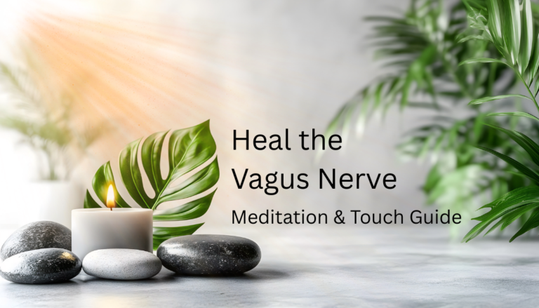 Tabletop wellness scene with lush green plants and smooth massage stones arranged around graphic text reading 'Heal the Vagus Nerve: Meditation & Touch Guide' for natural stress relief