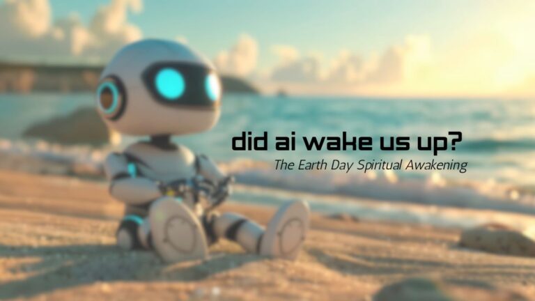 earth day spiritual awakening robot sitting on beach surrounded by nature